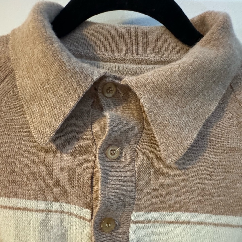 Vintage 70s Men's Long Sleeve Striped Neutral Polo Button Up Shirt Knit Preppy - Picture 4 of 11